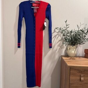 Staud NWT Medium Blue Red New York Giants Shoko Knit Button-Up Sweater Dress NFL